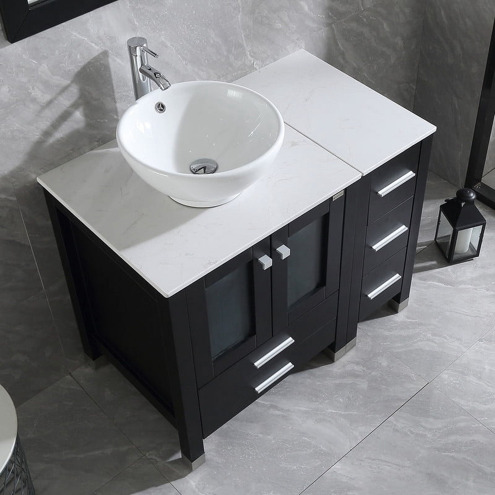 Wonline 36" Luxurious Bathroom Vanity and Sink Combo Wood Cabinet Top Round Ceramic Vessel Sink Faucet Drain Combo with Mirror Vanities Set,Black