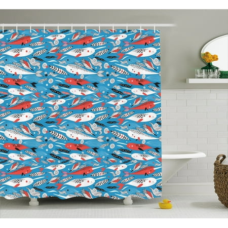 Narwhal Shower Curtain Underwater Life Themed Whale And Bird Feather Illustration Colorful Ethnic Design Fabric Bathroom Set With Hooks 69w X 70l