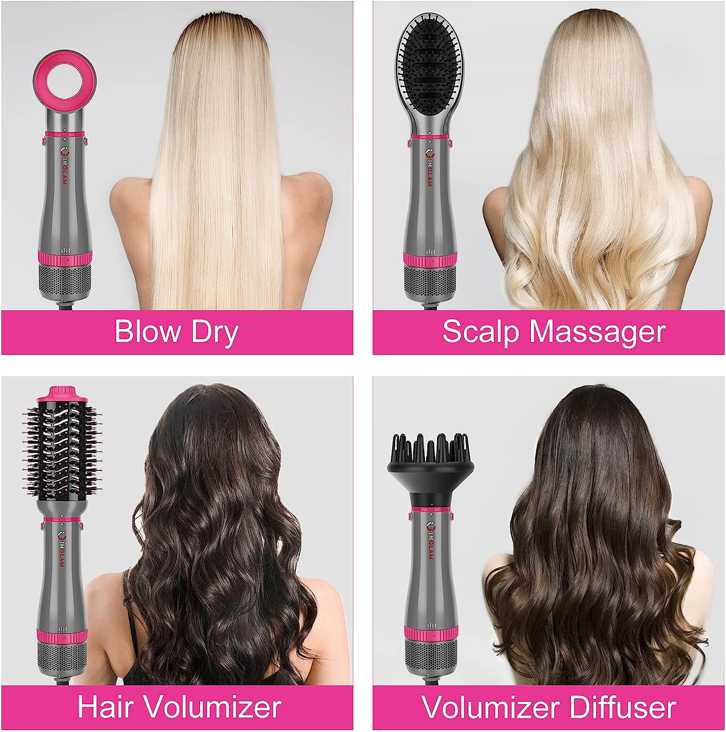IG INGLAM Hair Dryer Brush Set, 4-in-1 Detachable Blow Out Brush Dryer with Tool Set for Straightening/ Drying/ Curling/ Styling, Gray