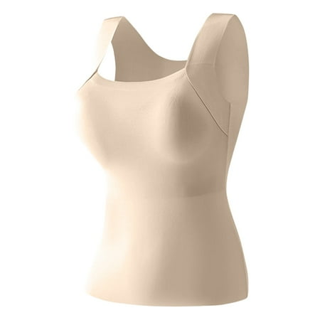 Women s Built-In Bra Tank Tops U-Neck Seamless Compression Top Breathable Office Shapewear Soft Sports Camisole Khaki M
