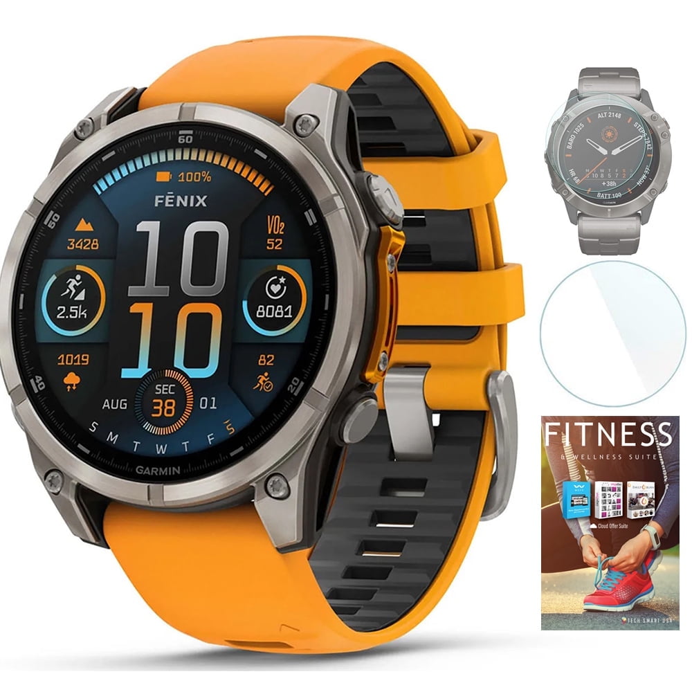 Garmin 010-02904-10 Fenix 8 47 mm AMOLED Sapphire Titanium with Spark Orange Silicone Band Bundle with Fitness & Wellness Suite and Deco Essentials 1.4 Inch Screen Protector for Garmin Fenix 6