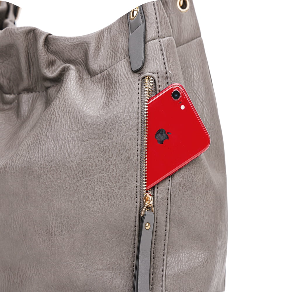 Capamaster Slouchy Hobo Handbag for Women, Soft Faux Leather Shoulder Purse with Top Handles and Front Zipper Pockets, Gray