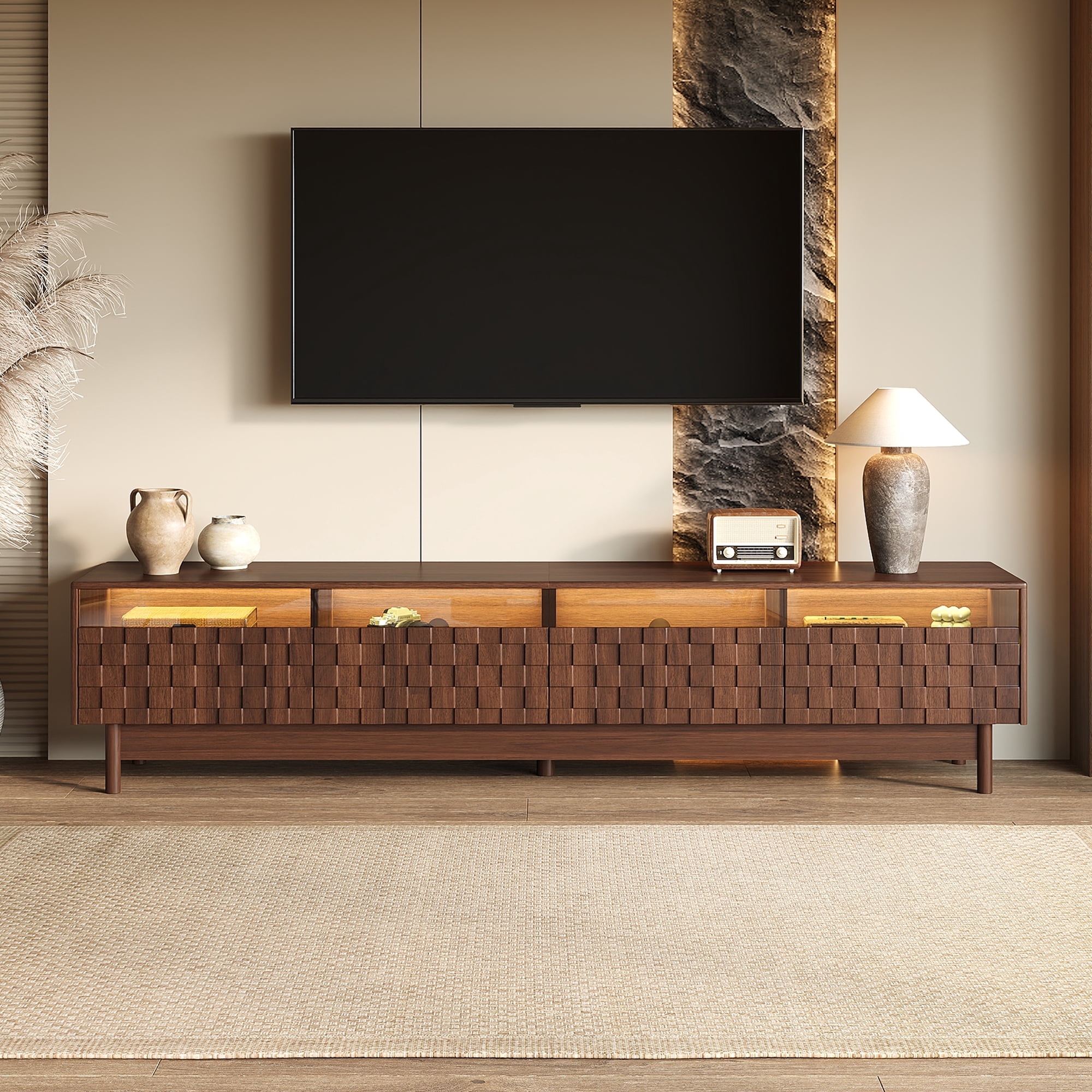 TV Stand for TVs up to 85 Inch, Entertainment Center with LED Lights & Glass Drawers, Media Console with Solid Wood Legs for Living Room