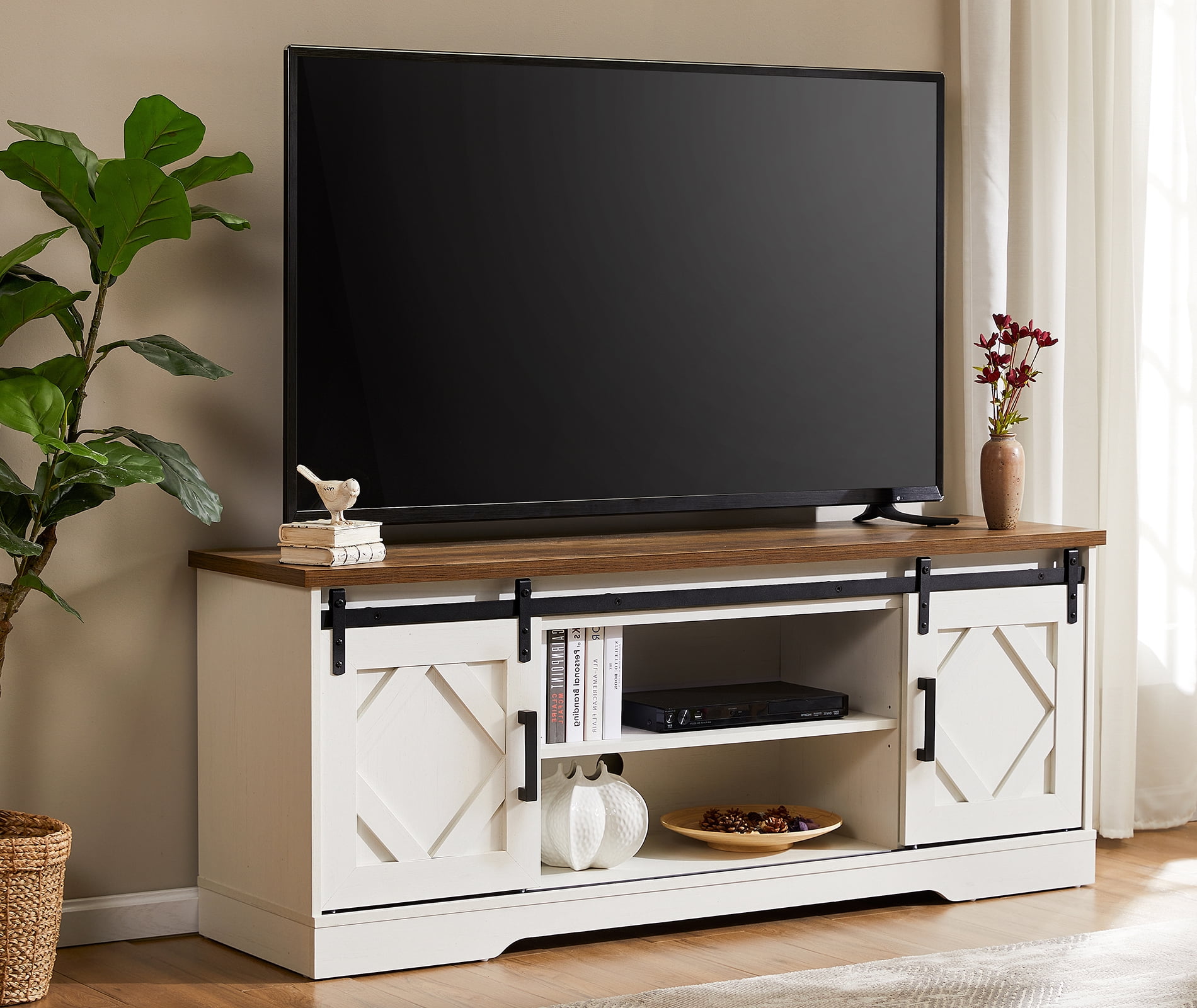 Wampat Modern Farmhouse Sliding Barn Door TV Stand for TVs up to 65" with Adjustable Shelf, Rustic White, 59 Inch
