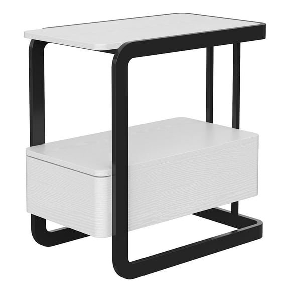 Narrow Side Table, End Table with Drawer& Storage Shelves, Modern Sofa Couch Table Curved Bedside Table for Living Room Bedroom, Narrow Nightstand with Thickening Iron Shelves for Small Space, White
