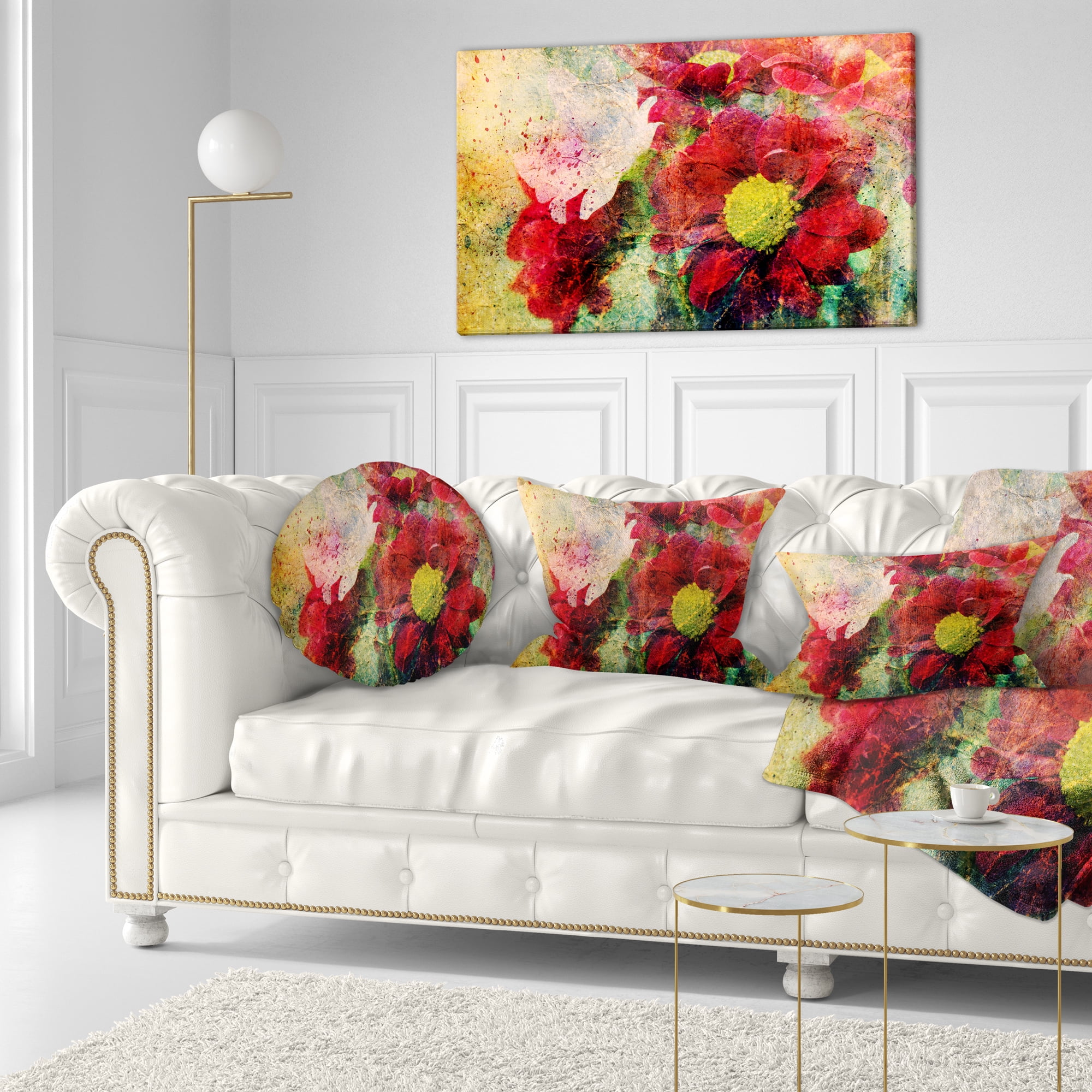 Designart Red Flowers and Watercolor Splashes - Flower Throw Pillow - 12x20