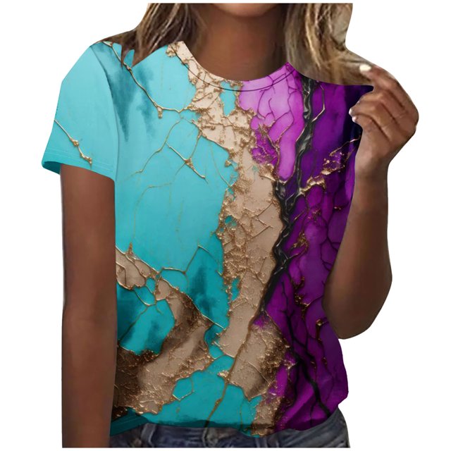 AherBiu Plus Size Tops for Women Short Sleeve Summer Casual Marble Printed Basic Comfy Top Tees Shirts