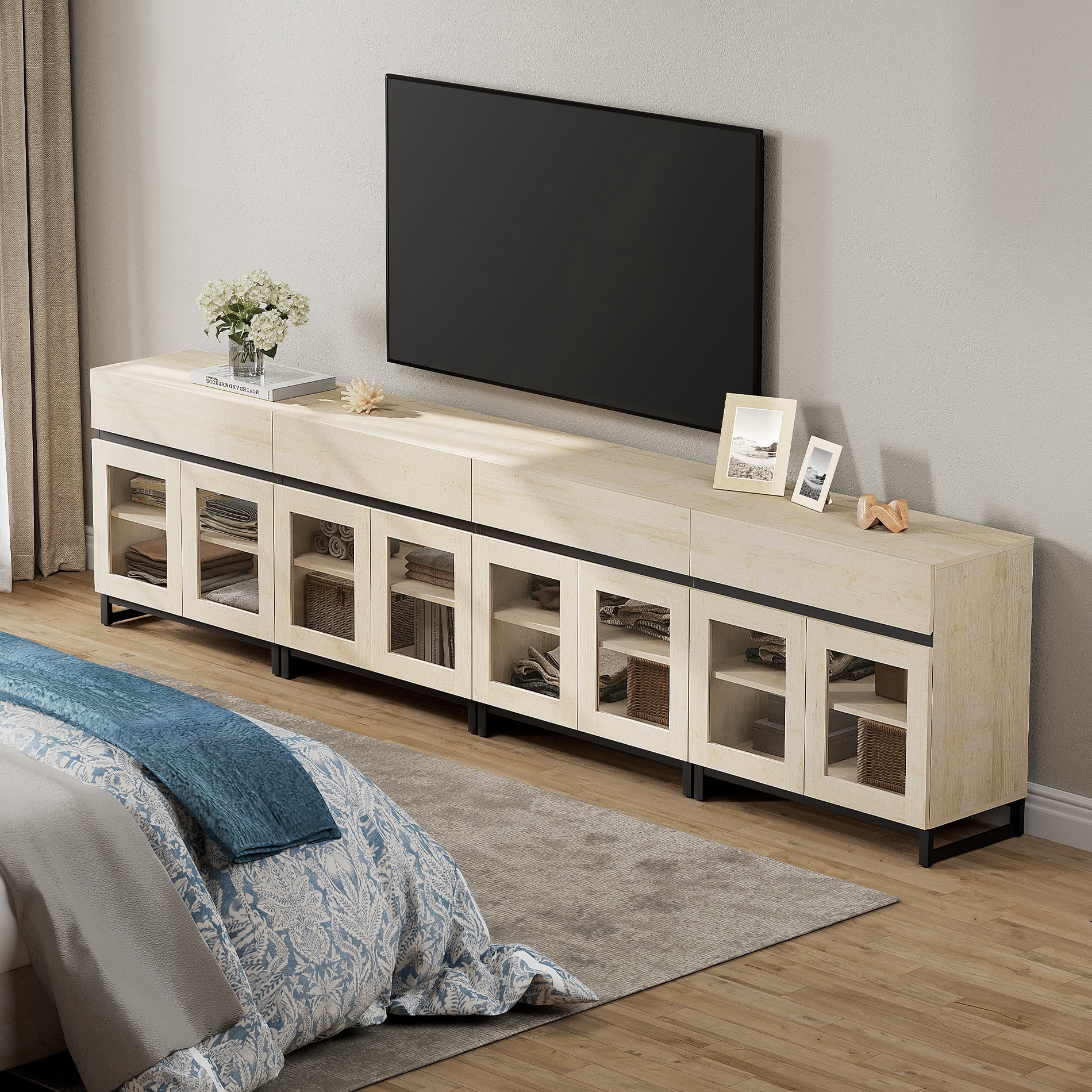 4-in-1 Modern TV Stand with Glass Doors & 4 Drawers, Metal Base Entertainment Center for 120 Inch TVs, Media Console for Living Room & Bedroom,Beige