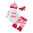 thumbnail image 1 of Children's Four Piece Set, Newborn Baby My First Valentine's Day Romper Flared Trousers Ruffle Bow Tie Heart Pattern Hat, 1 of 9