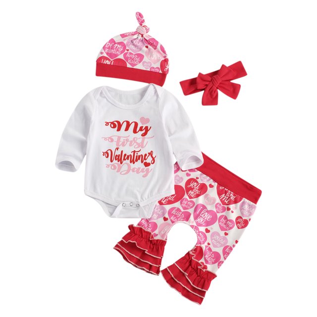 Children's Four Piece Set, Newborn Baby My First Valentine's Day Romper Flared Trousers Ruffle Bow Tie Heart Pattern Hat