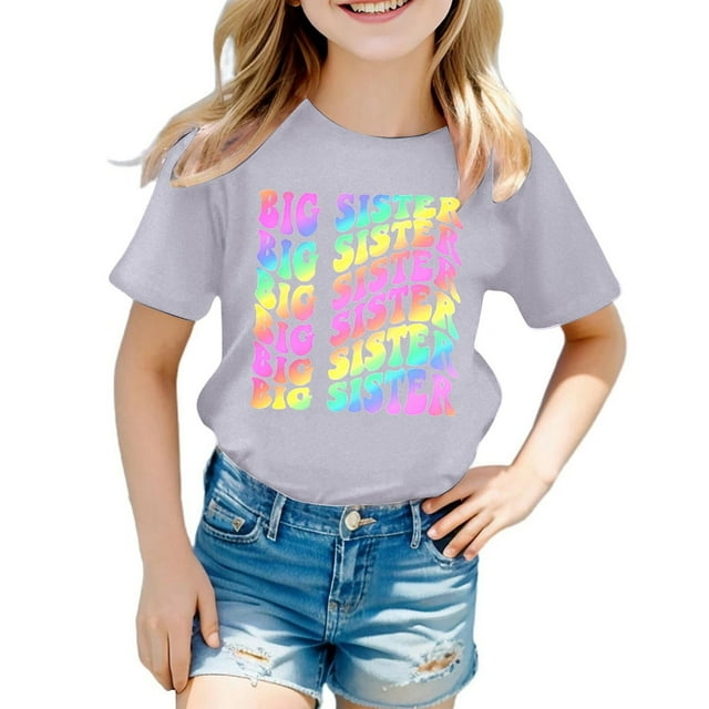 LUOGENLI T-Shirt pour Filles Mode Décontractée Lettre Col Rond Manches Courtes T-Shirt Haut 4 Maxi Tops Ensembles 2 Pcs Boho Gris 10-12 Ans