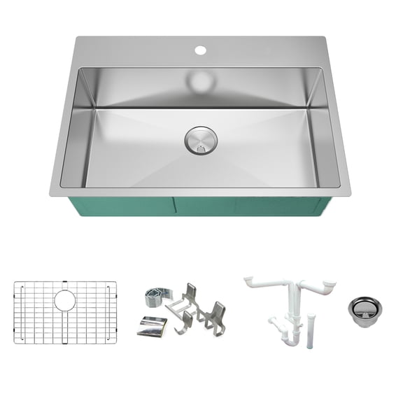 Transolid KKM-DTSS322210 Diamond 32-in L x 22-in W Single Bowl Dual-Mount Kitchen Sink and Accessories Kit with 1 Pre-Drilled Hole in Stainless Steel