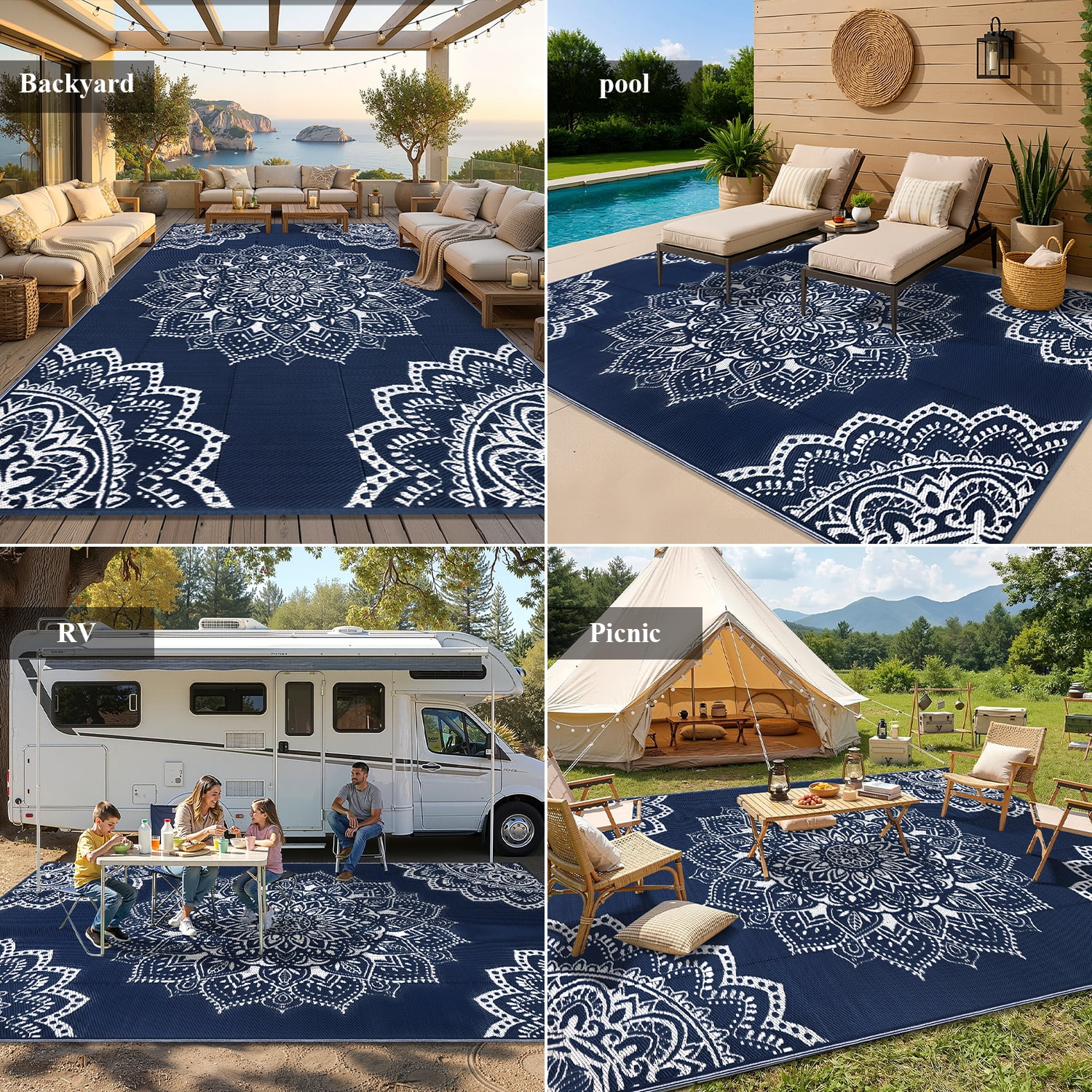 Findosom 6'x9' Outdoor Rug Large Patios Rug RV Outdoor Rug Waterproof Foldable Portable Camping Rugs Reversible Plastic Straw Rug Outdoor Area Rug for Camping, RV, Balcony, Patio, Picnic, Beach Blue