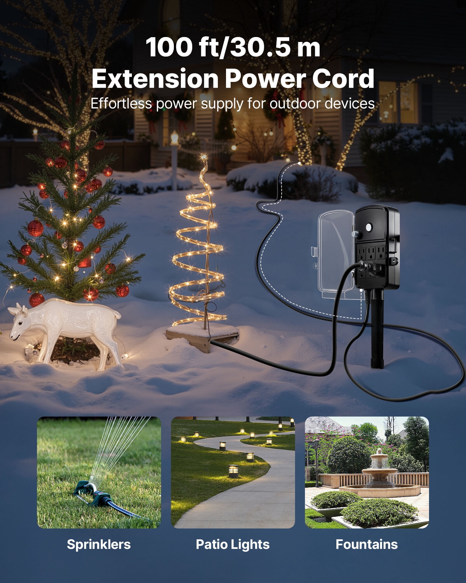 VEVOR Outdoor Power Stake, 100 FT Extension Cord, Outdoor Power Strip Weatherproof with Cover and Overload Protection, 6 Outlets, 13A/1625W, Waterproof Multi-Outlet Yard Stake for Christmas Lights