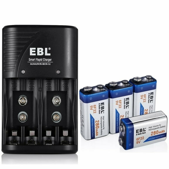EBL EBL-802 Rechargeable 9-Volt General Purpose Batteries (4 Pack) with Battery Charger