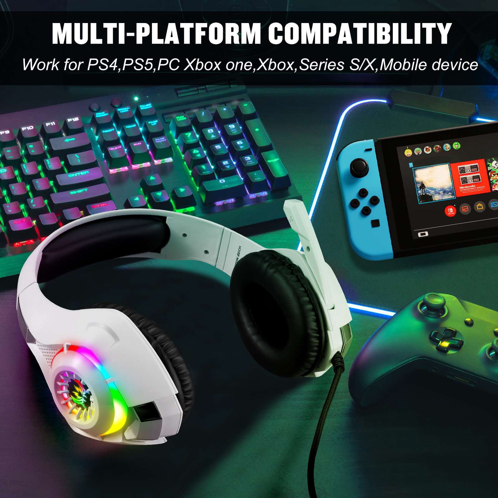 Gaming Headsets Wired for PS5 PS4 Switch Xbox One PC with 3.5MM,RGB Light,Noise Canceling Mic,Surround Sound,Over Ear Muffs Gaming Headphones,White