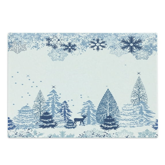 Winter Cutting Board, Cold Scene Deer Frozen Trees and Snow Christmas Season Pine Trees Bushes, Decorative Tempered Glass Cutting and Serving Board, Large Size, Blue White, by Ambesonne