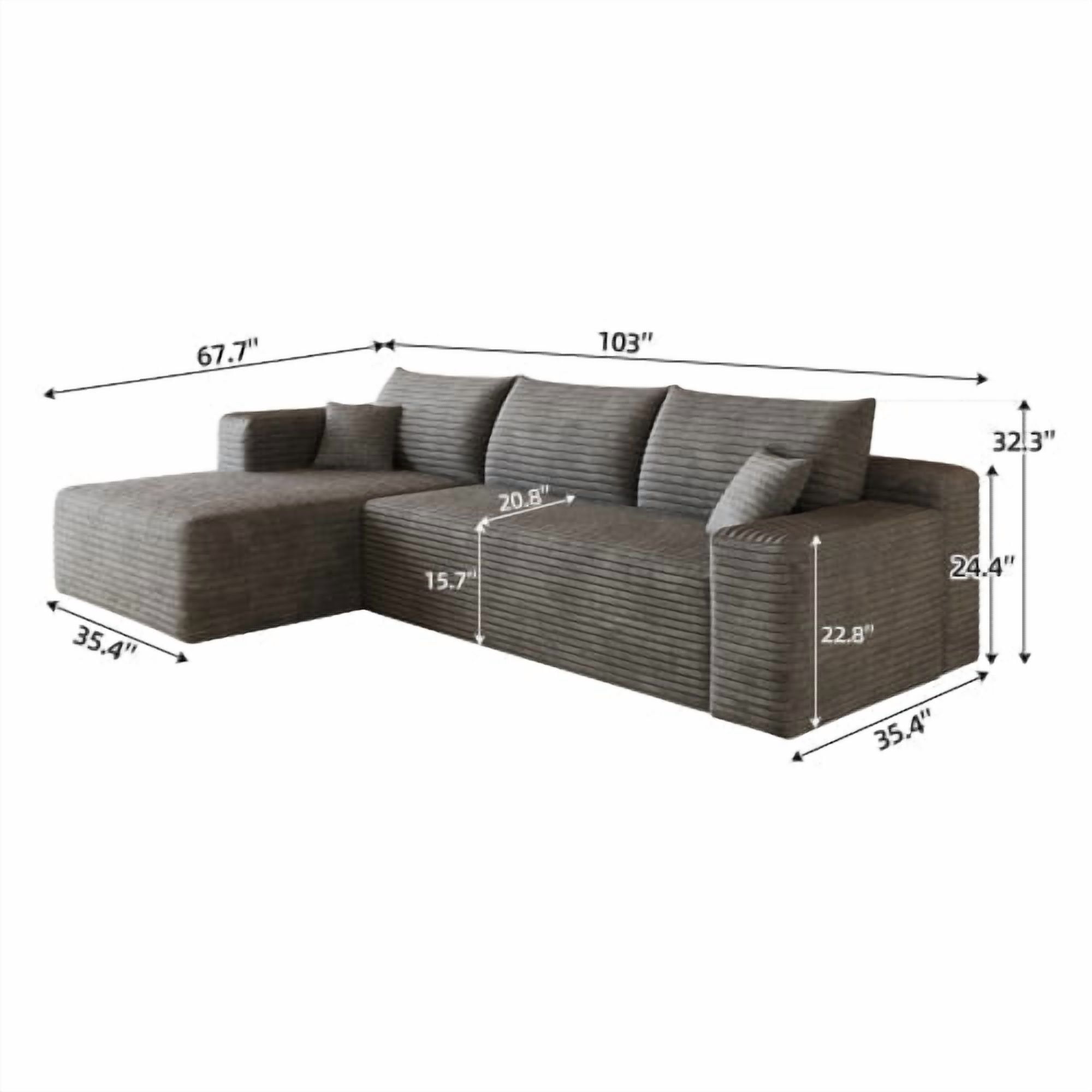 103" Cloud Sectional Sofa, Modern L Shaped Deep Seat Couch, Plush Corduroy Upholstered Sofa No Assembly, Living Room