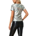 thumbnail image 3 of INSPIRE CHIC Women's Metallic Textured Short Sleeve Shiny Party Tops XS Shiny Silver, 3 of 7