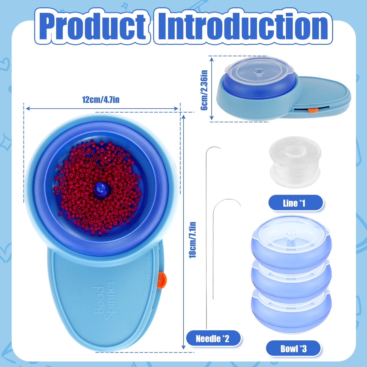 Electric Bead Spinner Battery Operated Beading Bowl Spinner Kit Adjustable Direction Spin Bead Loader with Curved Beading Needles String 3 Bowls Automatic Bead Spinner for Bracelets Jewelry