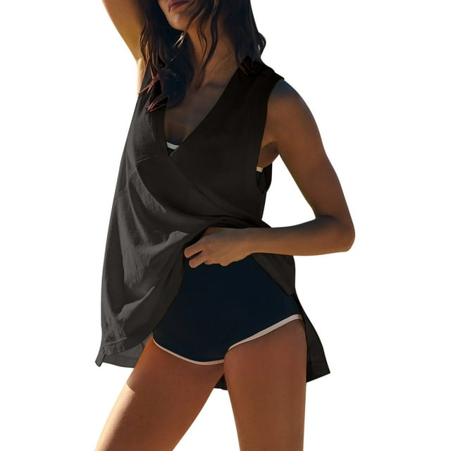 Robe de Plage Sans Manches pour Femmes Col en V Chemises Décontractées d'Été Sans Manches Unie