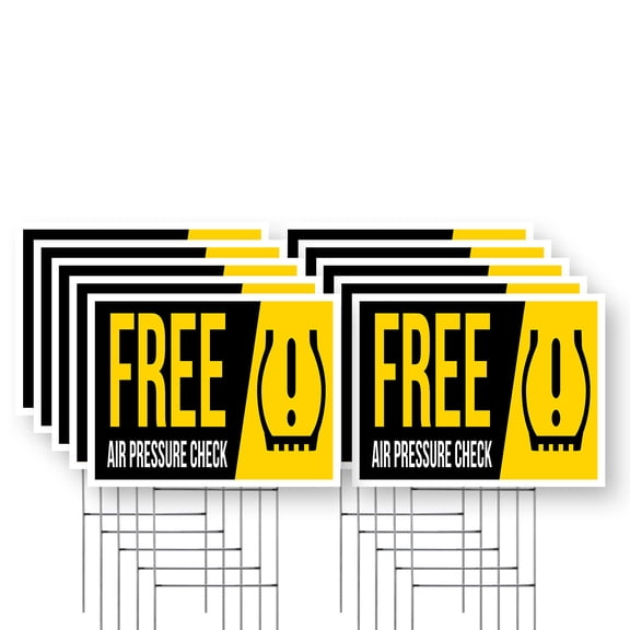 Free Air Pressure Check Yard Sign 10 Pack of 12 Inch x 16 Inch Single Sided Weatherproof Heavy-Duty Plastic with Stake | Auto Services, Tire Maintenance, Customer Ready | Made in USA