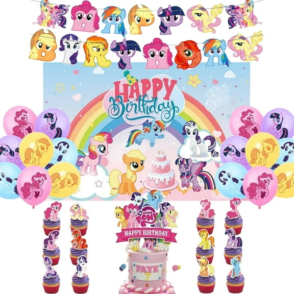 Birthday Party Supplies Set with My Little Pony Themed, Including Happy Birthday Banners,Background Flag,Cupcake Toppers, Balloons, Party Decor Kit.