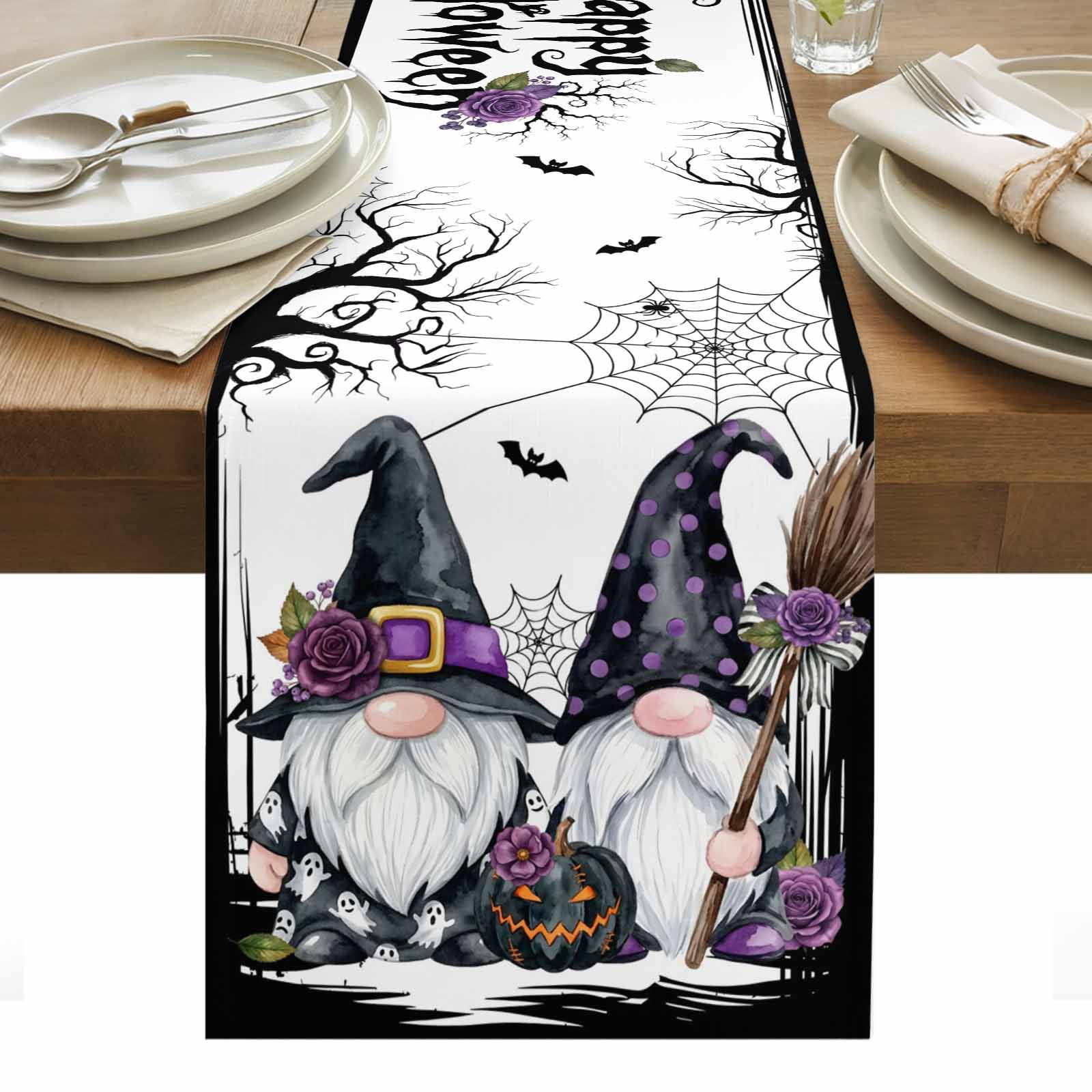 Happy Halloween Table Runner Spooky Gnomes Dark Vintage Purple Rose Goth Pumpkin Washable Kitchen Table Runners for Dining Table Decorations Party/Restaurant/Indoor Outdoor Use 13x90in