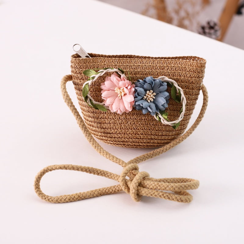 Esho Little Girls Boho Flower Straw Bag Kids Summer Crossbody Bags