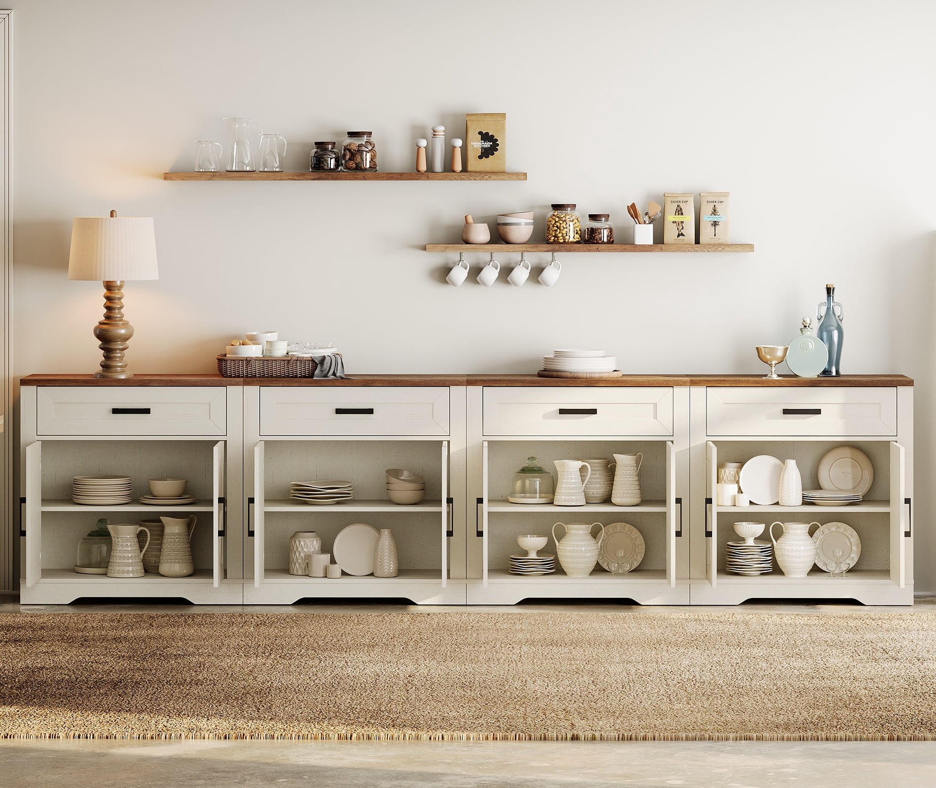 WAMPAT 126"W Large TV Stand,4-in-1 Farmhouse Entertainment Center with Storage Barn Door Cabinet,TV Console Table with Media Cabinet and Drawers for Living Room,Bedroom,Cream White