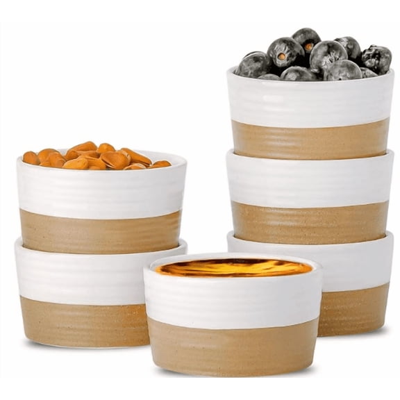 Tikooere 6oz Ramekins Set of 6, Two-Tone White Stoneware Ramekin Bowls, Oven Safe for Creme Brulee, Custard, Baking & Dipping