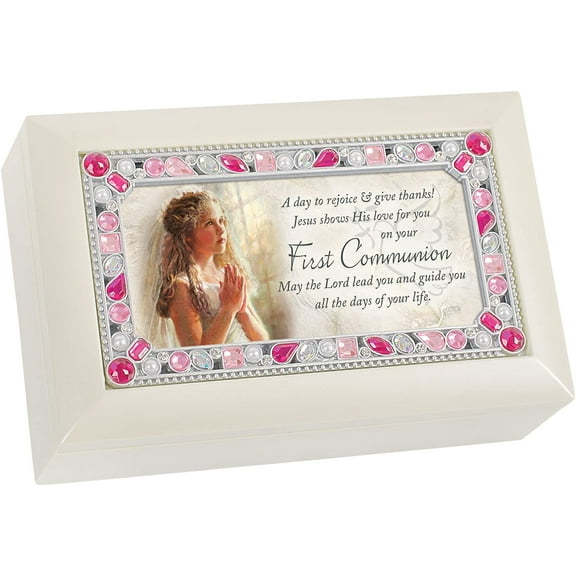 First Communion Girl Praying Rejoice Matte Ivory Jewelry Music Box Plays Jesus Loves Me