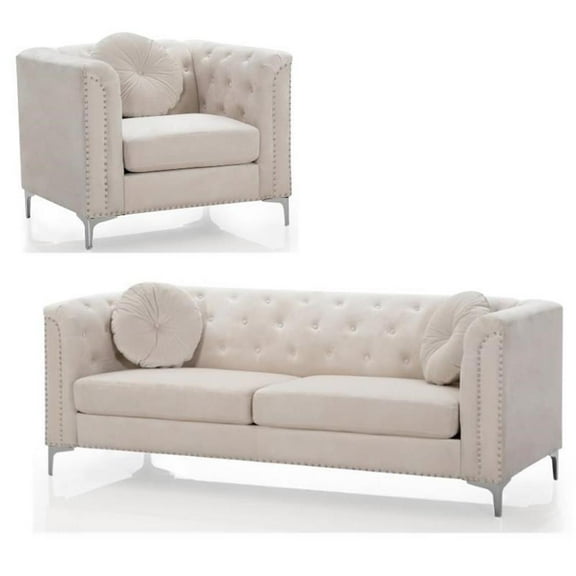 Home Square 2-Piece Furniture Set with Velvet Sofa and Chair in Ivory