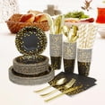 thumbnail image 1 of Suministros para fiestas, 200 vajillas desechables con puntos dorados, platos de papel, vasos, tenedores de plástico, cuchillos, cucharas para graduac Negro Yotijar Vajilla desechable, 1 of 10