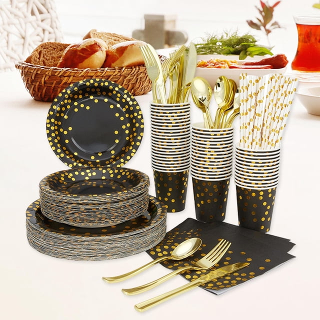 Suministros para fiestas, 200 vajillas desechables con puntos dorados, platos de papel, vasos, tenedores de plástico, cuchillos, cucharas para graduac Negro Yotijar Vajilla desechable