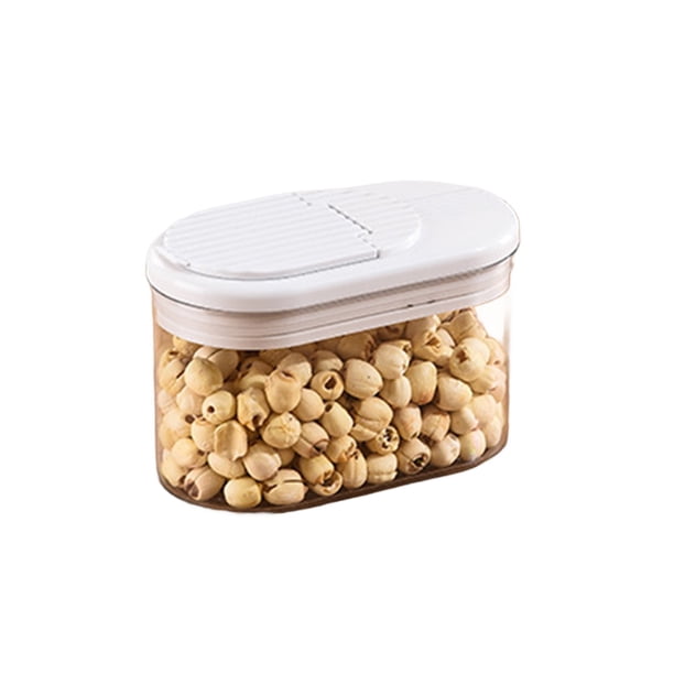 Recipiente hermético de plástico transparente con tapa abatible para la organización de la despensa, ideal para almacenar alimentos secos, como azúcar, harina, arroz, café y aperitivos.