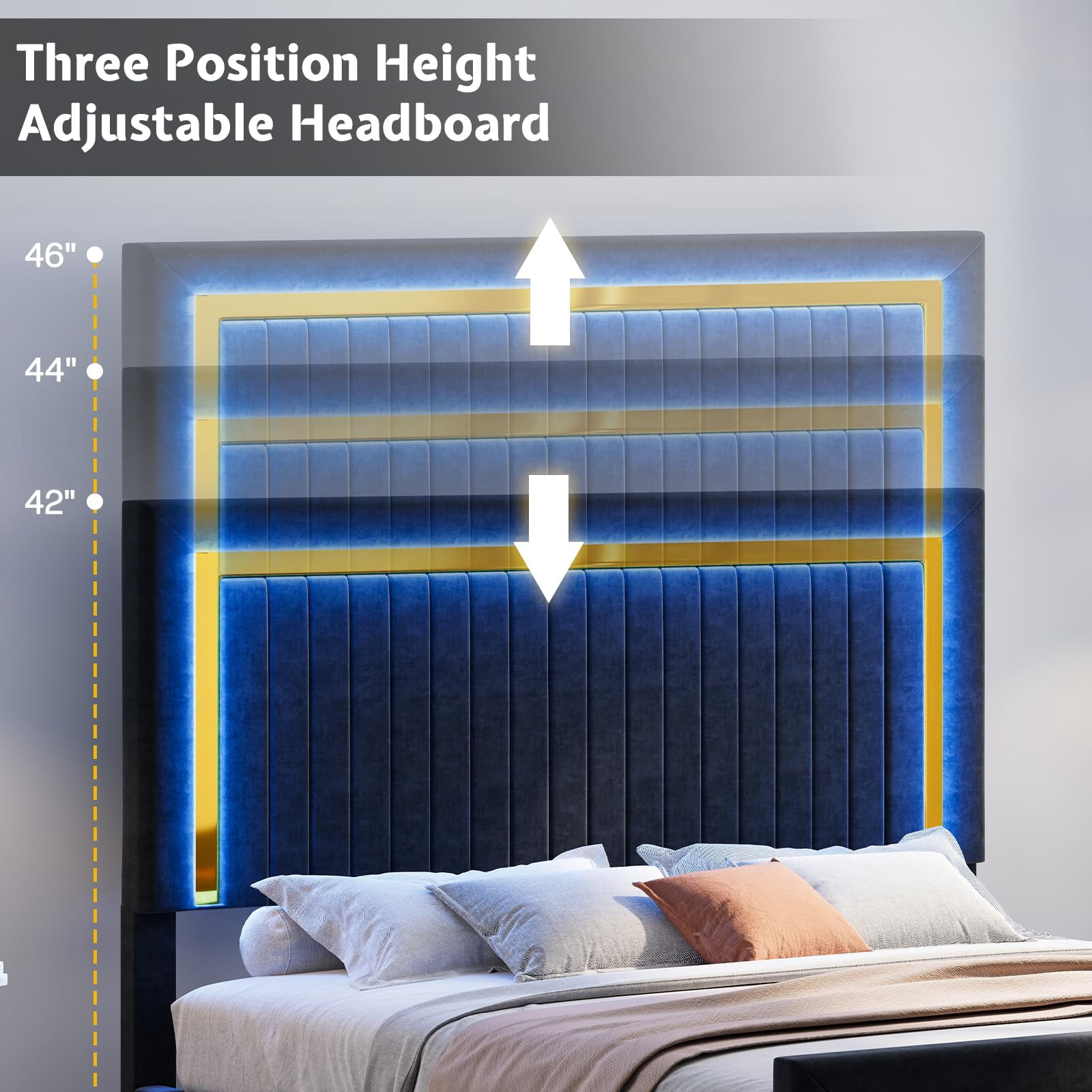 VanAcc Upholstered Platform Queen Size LED Bed Frame with 4 Storage Drawers, Adjustable Headboard with Vertical Channel Design, Black