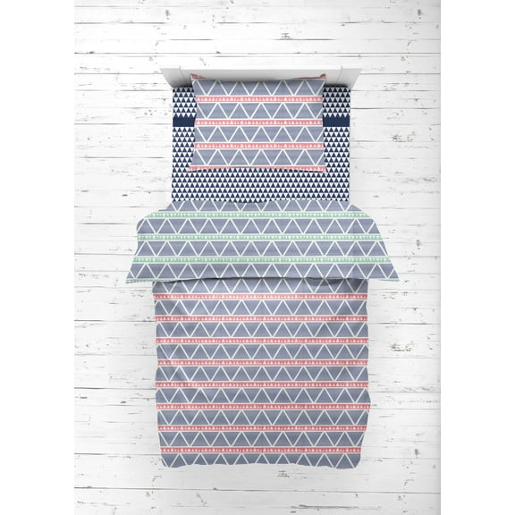 Bacati - Emma Aztec Coral/Mint/Navy Triangles 100% Cotton Muslin 4-Piece Toddler Bedding Set