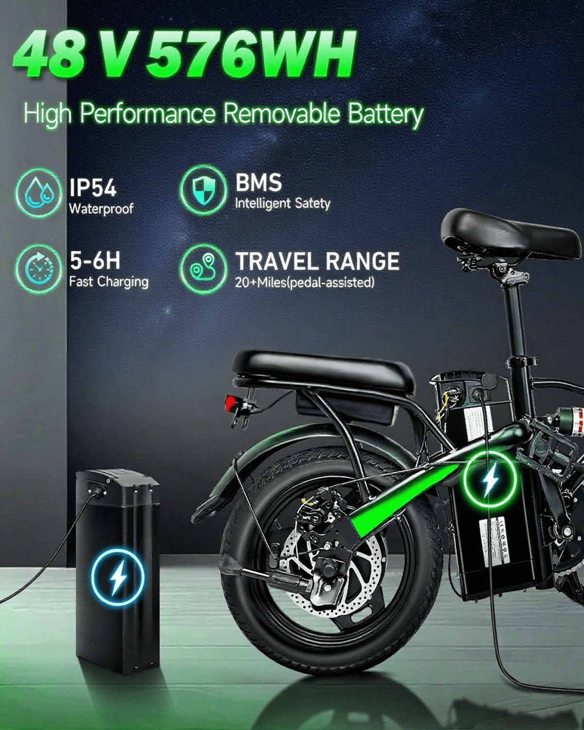 14" Foldable Electric Bike for Adults, Commuter E-Bike with 500W Peak Motor, 48V 12Ah Removable Battery, 20 MPH 32 Miles Range,UL 2849