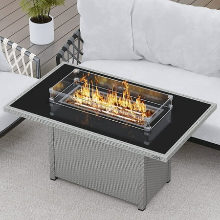 EAST OAK 52 Propane Fire Pit Table 60000 BTU Aluminum Rattan Rectangle Outdoor Gas Firepits Tempered Glass Tabletop with Glass Wind Guard Table Lid  Grey