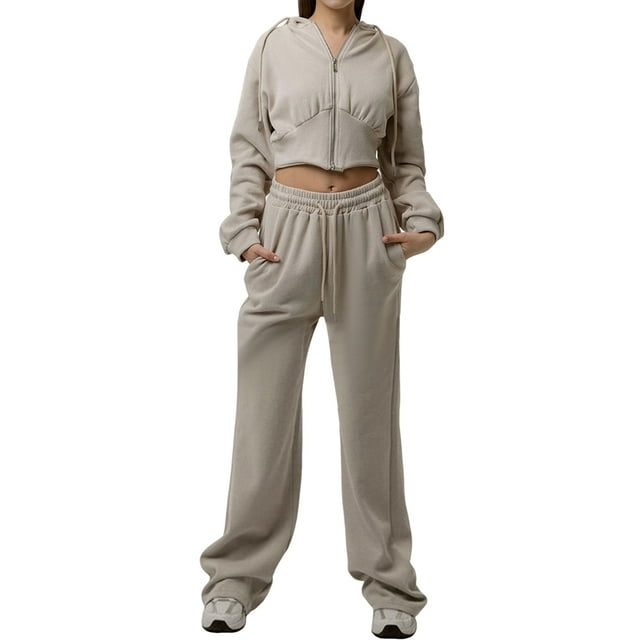Women'S Tracksuit Set - Long Sleeve Zipper Hooded Sweatshirt with Solid Color Lace-Up Pants - Two-Piece Set Khaki L
