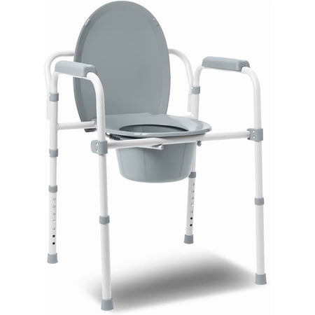 3‑in‑1 Bedside Commode Chair, Elongated Seat, Steel Folding Frame, 7.5 QT Bucket, 350 Lb Weight Capacity, Clip‑On Toilet Seat, Tool‑Free Assembly, Bathroom Safety Aid for Seniors