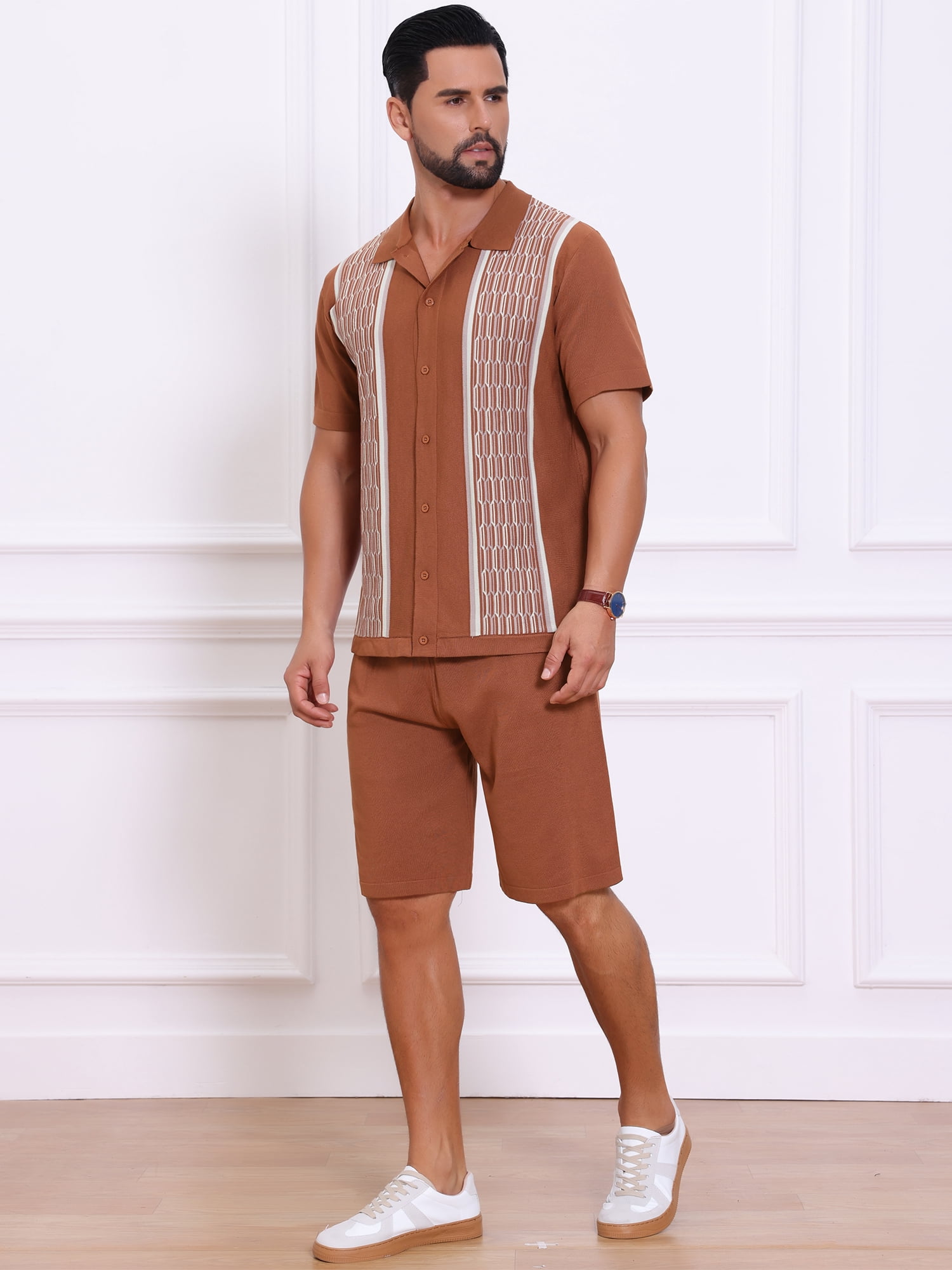 DARING DIVA Men's 2 Pieces Sets Summer Polo Shirt & Shorts Printed Knit Outfits L Brown