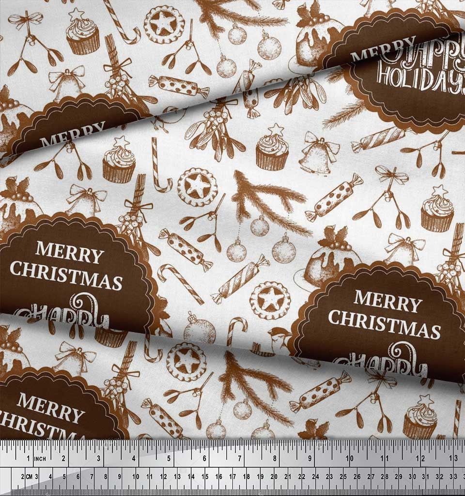Soimoi Brown Poly Georgette Fabric Candies,Bell & Baubles Christmas Printed Craft Fabric by the Yard 42 Inch Wide