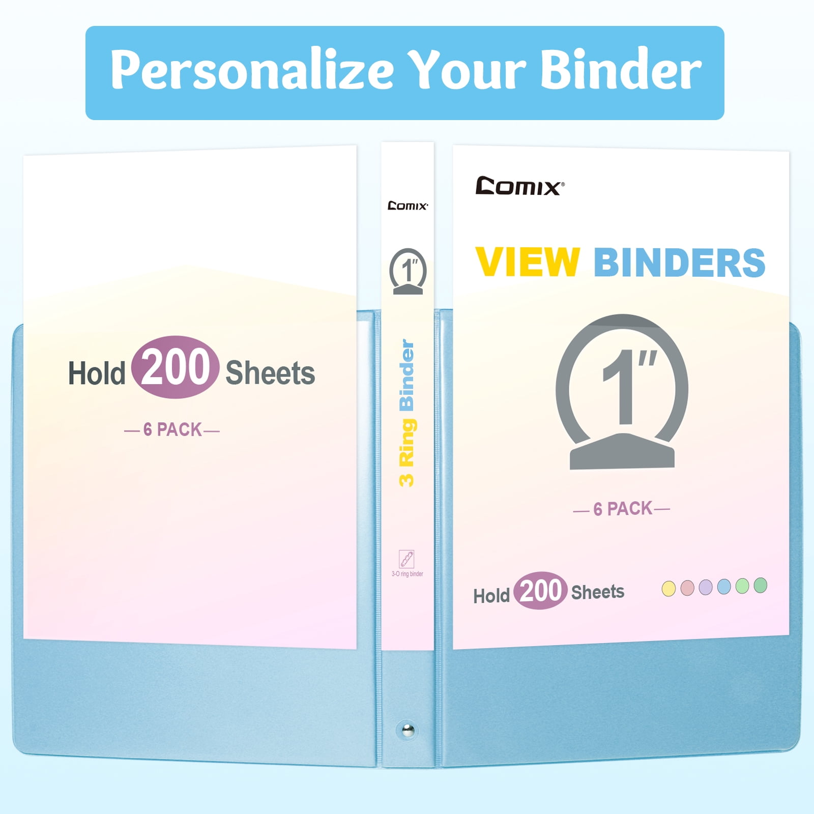 Comix 1 inch 3-ring Binder, Round Ring, 200 Sheets Capacity, 6 Pack Light Blue