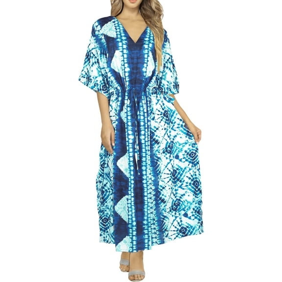 LA LEELA Women's Summer Loungewear African Beach Mumu Slit Dress Caftan Plus Size Kaftan Maxi Dresses for Women 2X-3X Sky, Tie Dye