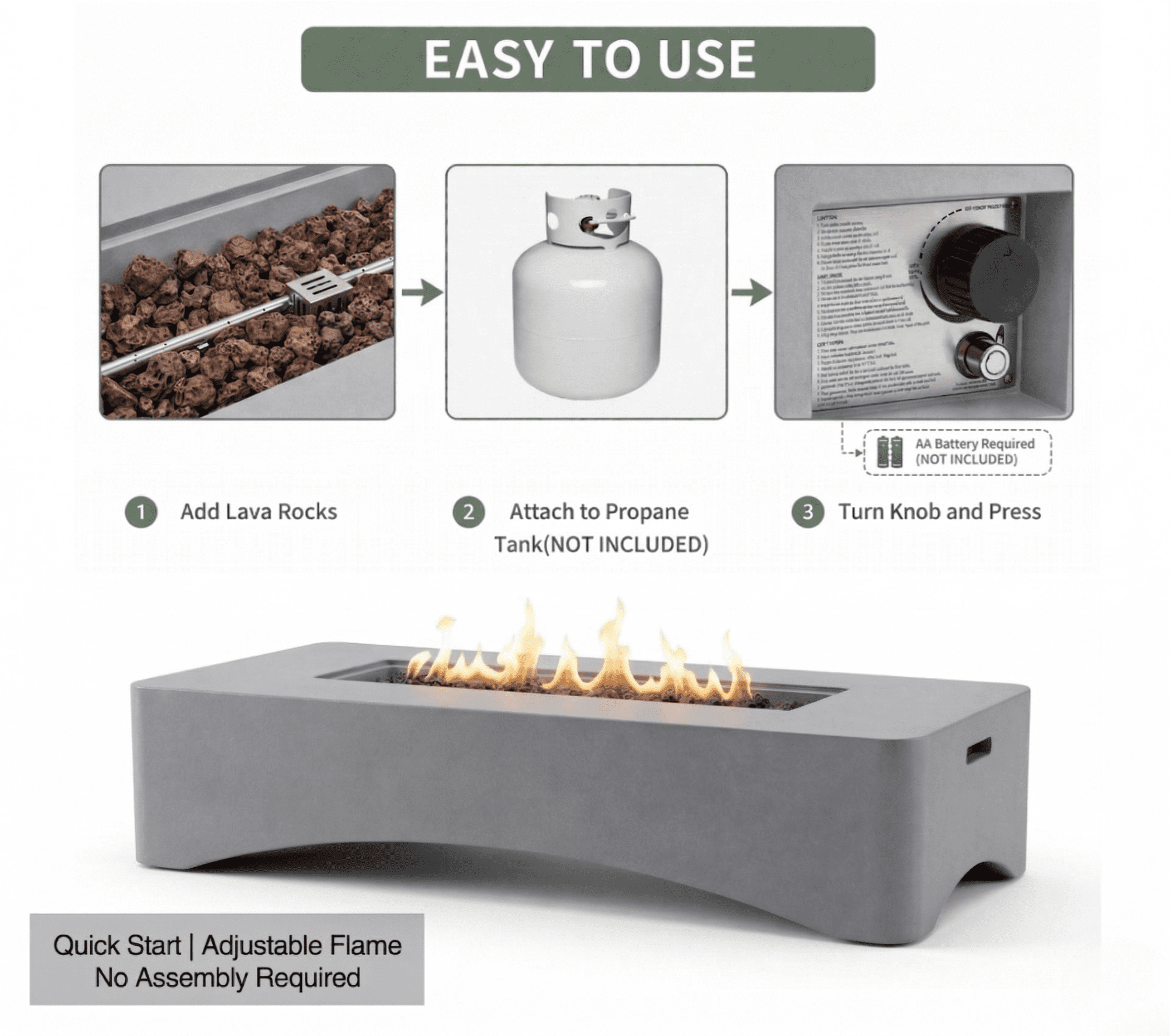 56" Propane Fire Pit Table, 50,000 BTU Outdoor Gas Fireplace, Rectangular Lightweight Concrete Fire Table with Waterproof Cover, Tank Seat & Lava Rocks, Modern Gray Patio Heater for Backyard & Deck