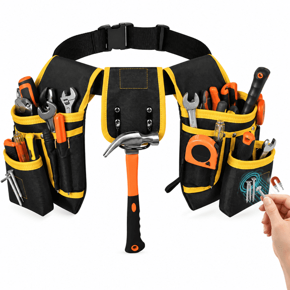 Tool Belt with 27 Pockets and 3 Magnetic Zones, Heavy Duty Adjustable Tool Belt with Detachable Tool Pouches for Electricians, Carpenters and Construction Workers, Yellow