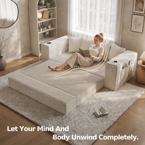 77-Inch Frameless Teddy Couch Bed, Boneless Corduroy Convertible Floor Sleeper Sofa with Cup Holders, Side Storage, 30D High-Density Foam, Cream