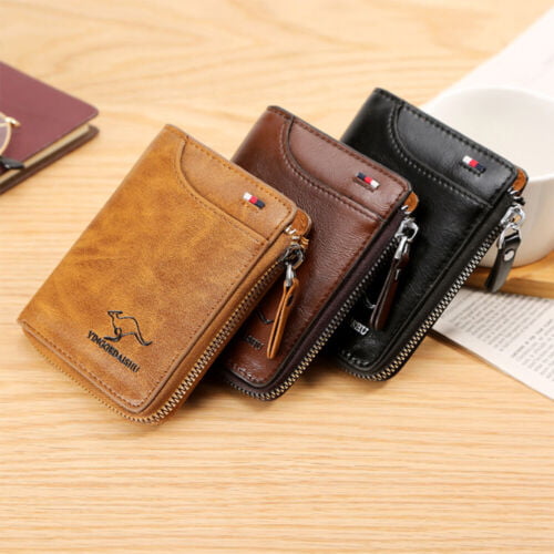 Mens RFID Blocking Leather Wallet Credit Card ID Holder Zipper Purse  Waterproof- BROWN